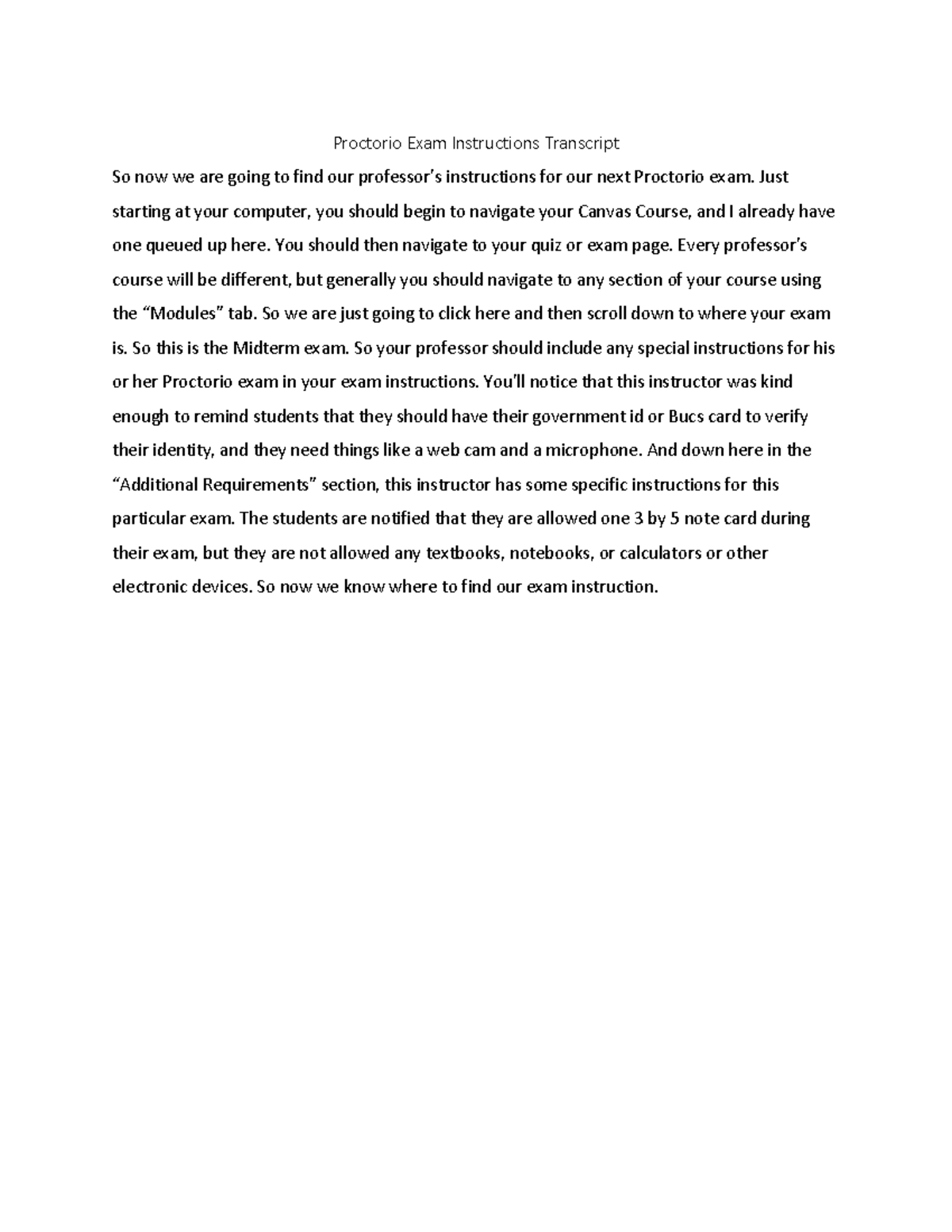 Proctorio Exam Instructions Transcript - J ust starting at your ...