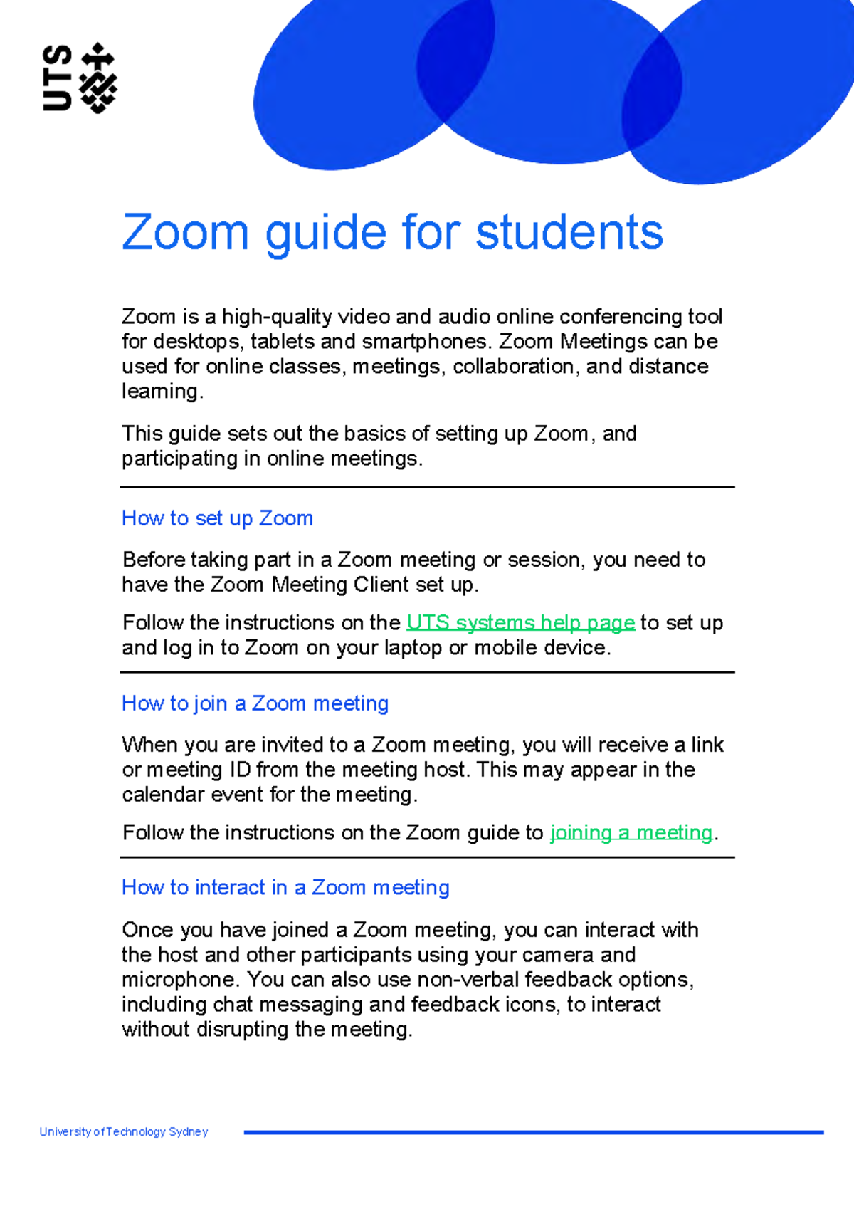 Zoom instructions for students University of Technology Sydney Zoom