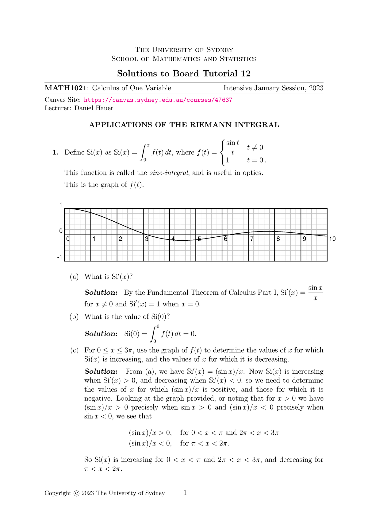 Solutions For Tutorial Worksheet 12 - The University Of Sydney School ...