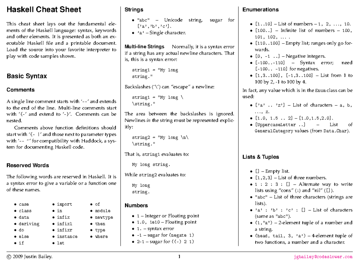 Haskell Cheat Sheet - Haskell Cheat Sheet This cheat sheet lays out the ...