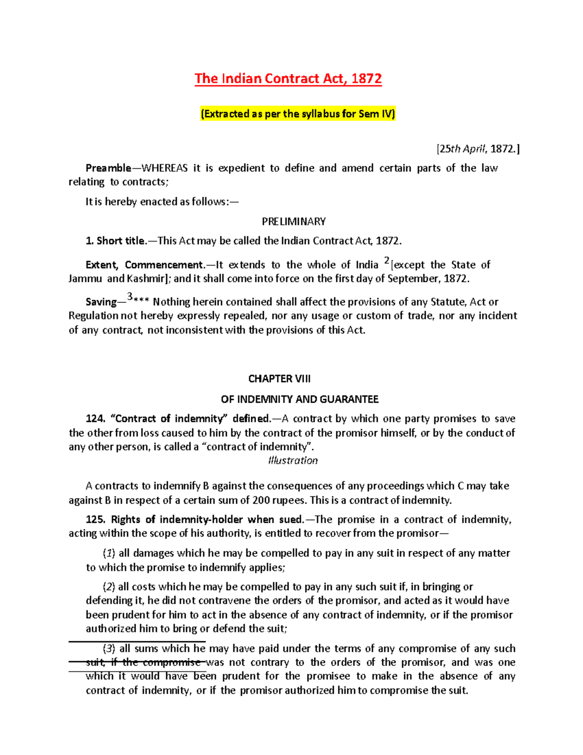 Extract of Indian Contract Act 1872 as per Syllabus - Sem IV - The ...