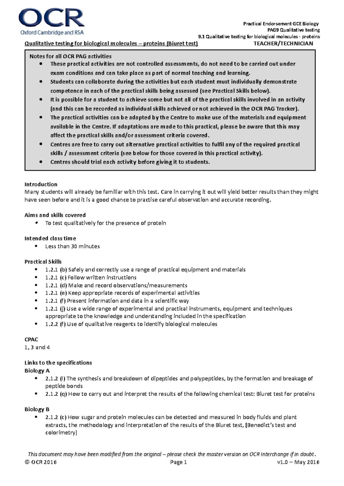 PAG9.1 Teacher Qualitative testing proteins v1 - PAG9 Qualitative ...