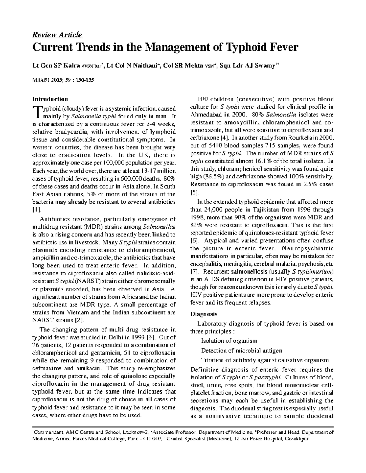 Typhoid fever - Review Article Current Trends in the Management of ...