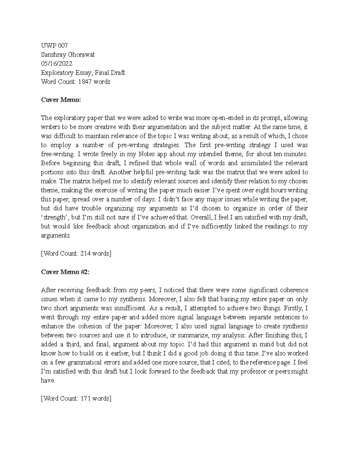 Exploratory Essay Final Draft - UWP 007 Sanshray Ghorawat 05/16 ...