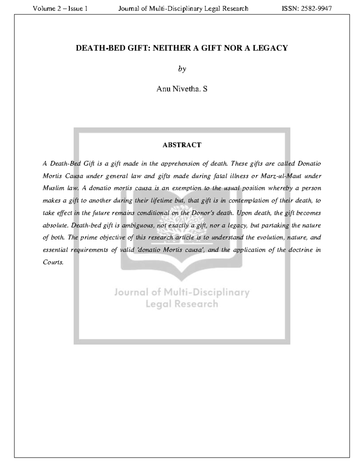 DeathBed Gift Neither A Gift nor A Legacy DEATHBED GIFT NEITHER A GIFT NOR A LEGACY by Anu