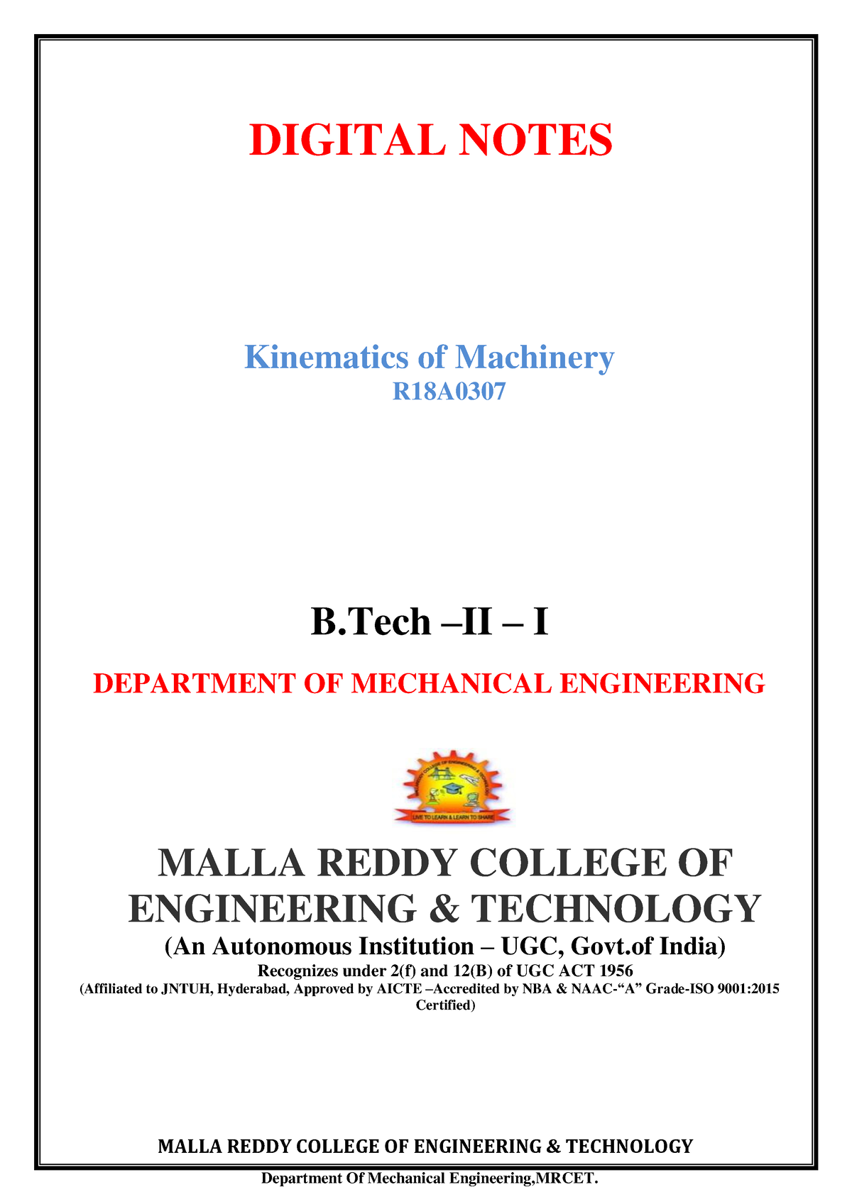 Kinematics Of Machine - Department Of Mechanical Engineering,MRCET ...