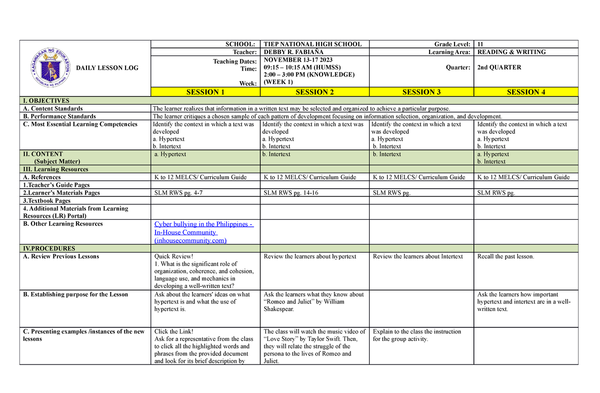 RW DLL WEEK 1-Q2 - DAILY LESSON LOG R&W - DAILY LESSON LOG SCHOOL: TIEP ...