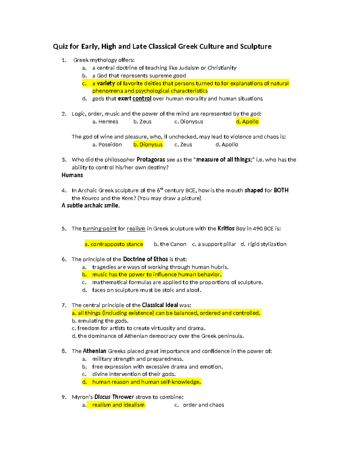 EFA Quiz for Early, High, Late Classical Greek Culture & Sculpture Quiz for Early, High and