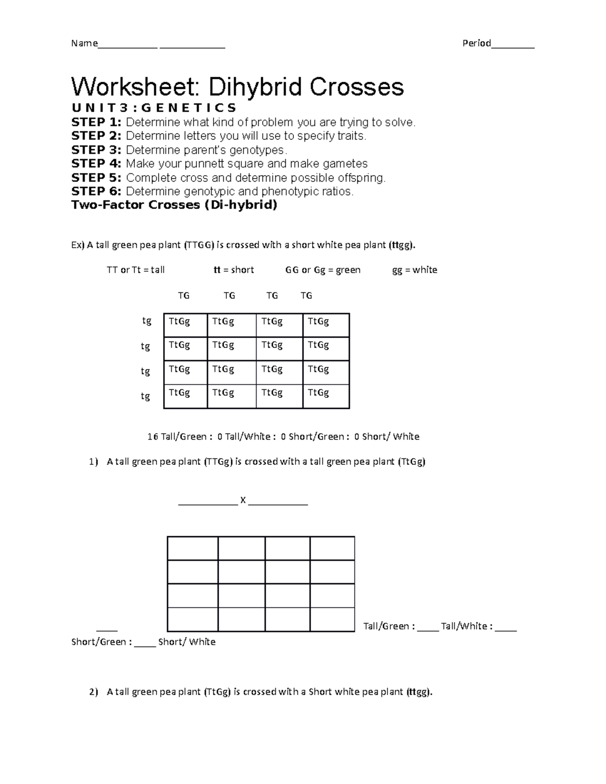 Dihybrid Cross Ws 1111 Worksheet Dihybrid Crosses U N I T 3 G E N E T I C S Step 1 