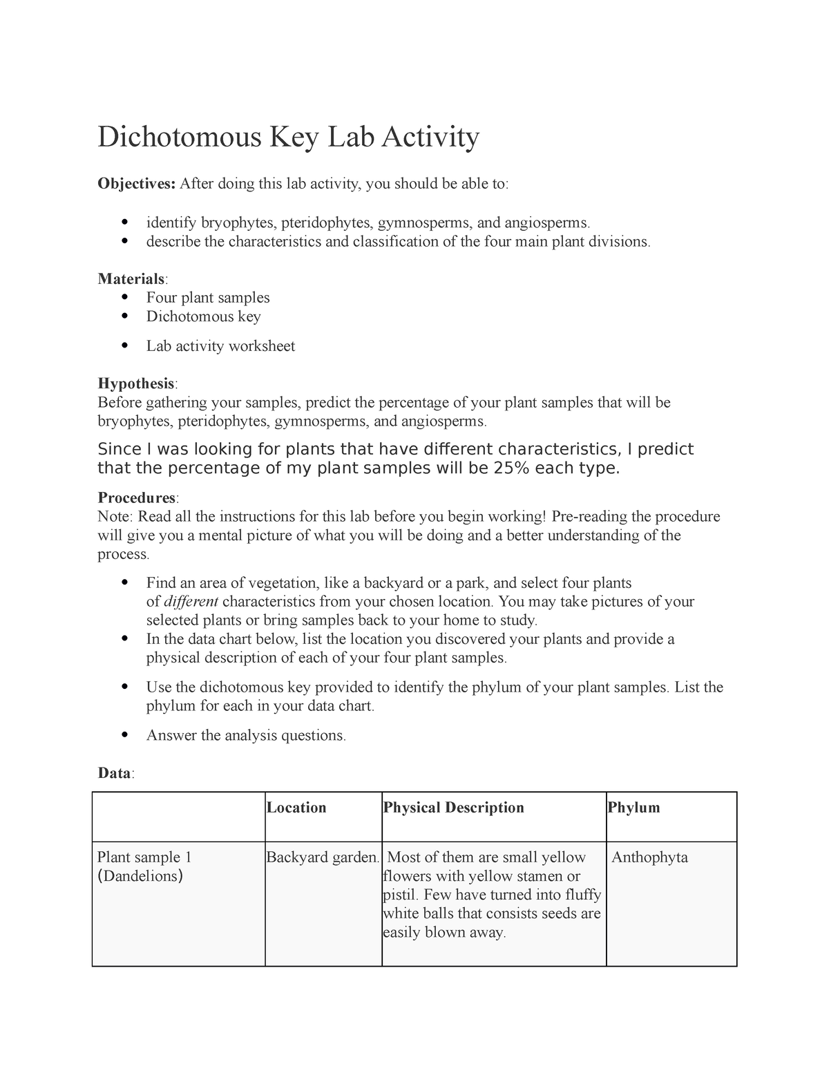 6 05A Dichotomous Key Lab Activity - Dichotomous Key Lab Activity