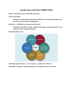 MNGT2005 - Week 1 Introduction to Leadership and Ethics - Leadership An ...