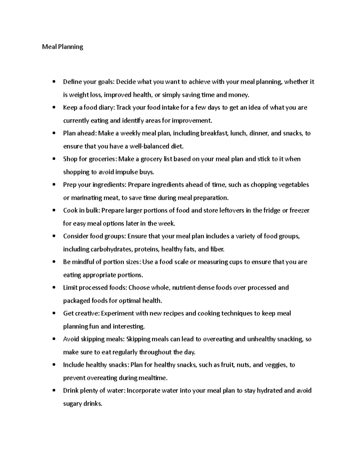 Meal Planning notes Meal Planning Define your goals Decide what you