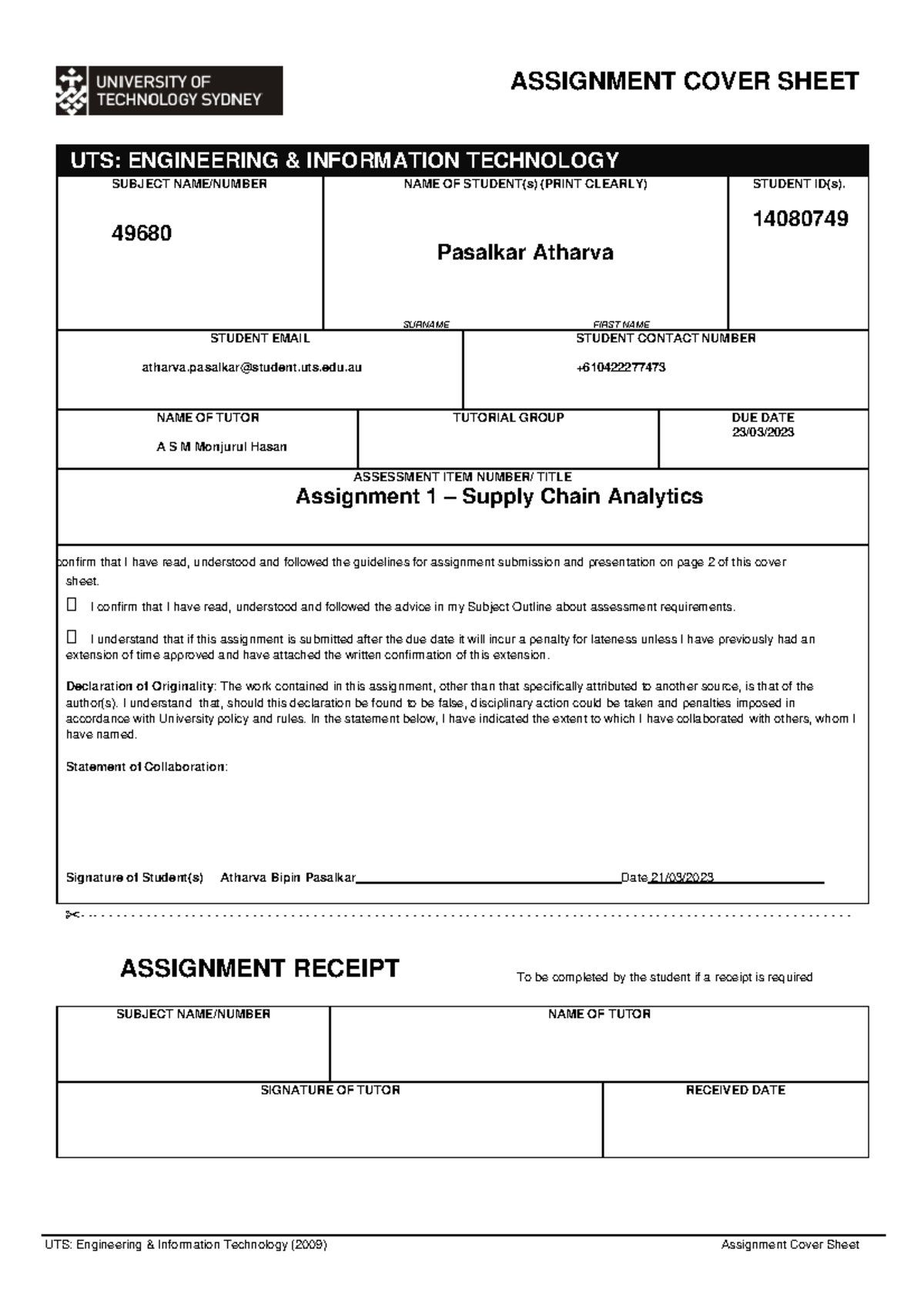 torrens university assignment cover sheet