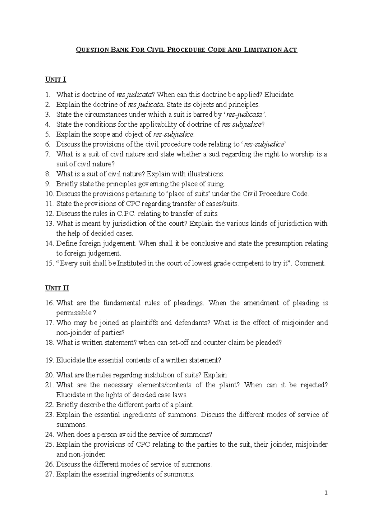 Cpc And Limitation Act Question Bank Q Uestion Bank For Civil