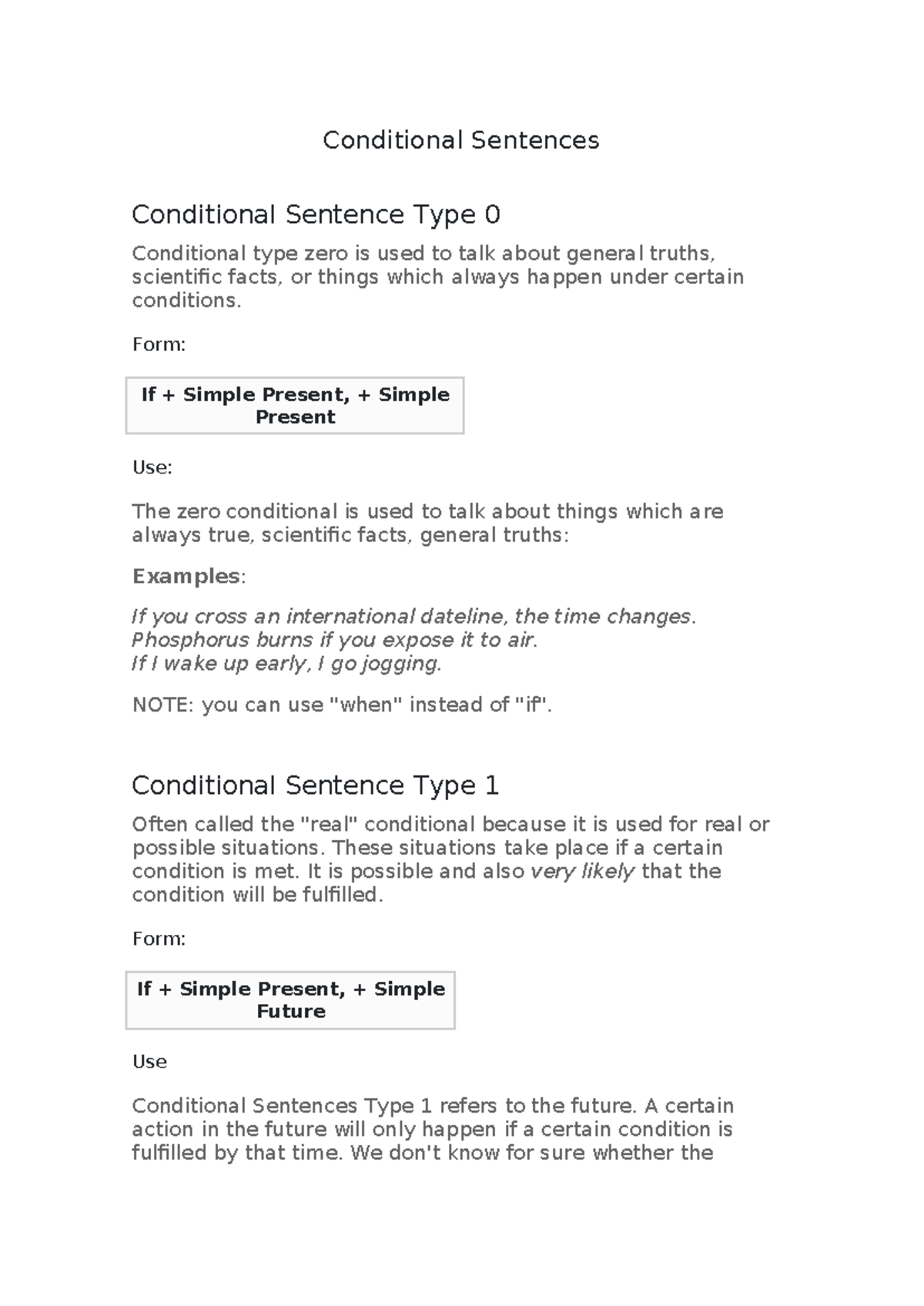 Conditional Sentences Conditional Sentences Conditional Sentence Type