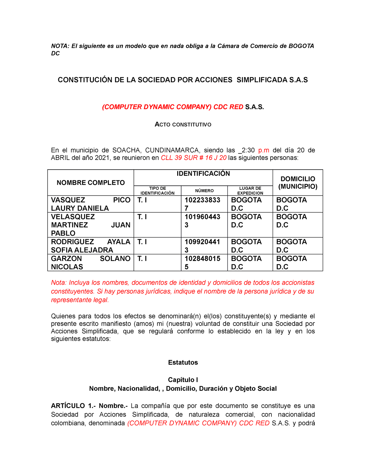 Acta De Constitucion Legal Empresa C D C Red Sas 2023 Nota El