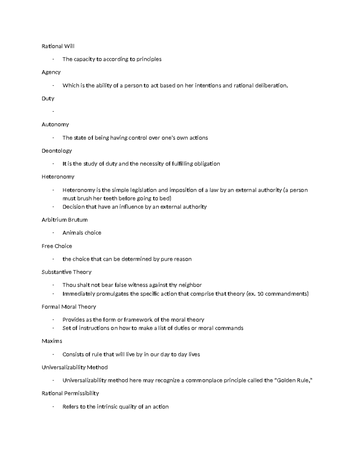 Ethics Finals - Rational Will - The capacity to according to principles ...