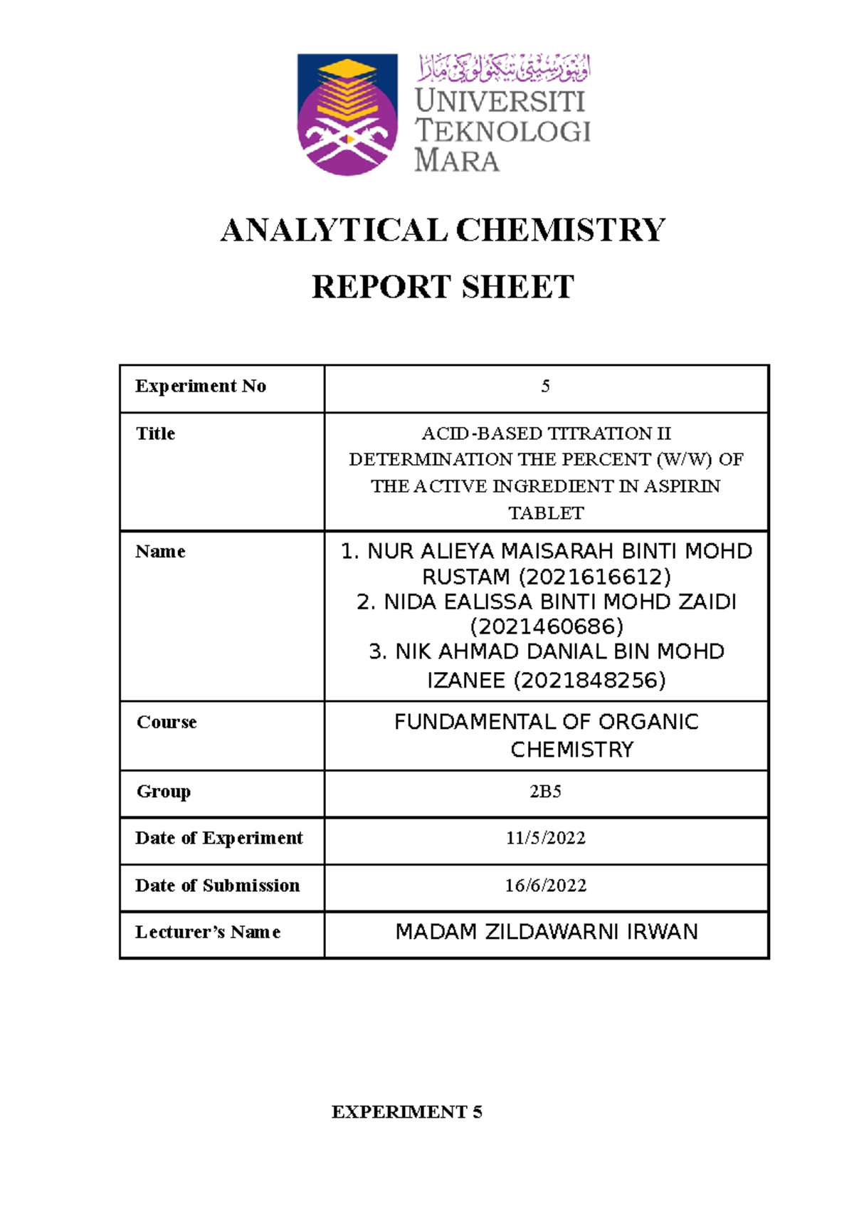 LAB Report EXP 5 (GP2B5) ANALYTICAL CHEMISTRY REPORT SHEET Experiment