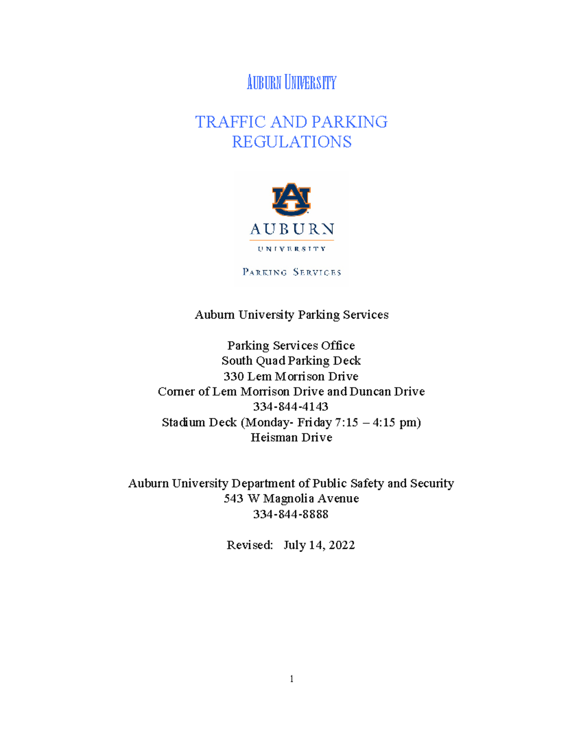 Trafficand Parking Regulations AUBURN UNIVERSITY TRAFFIC AND PARKING