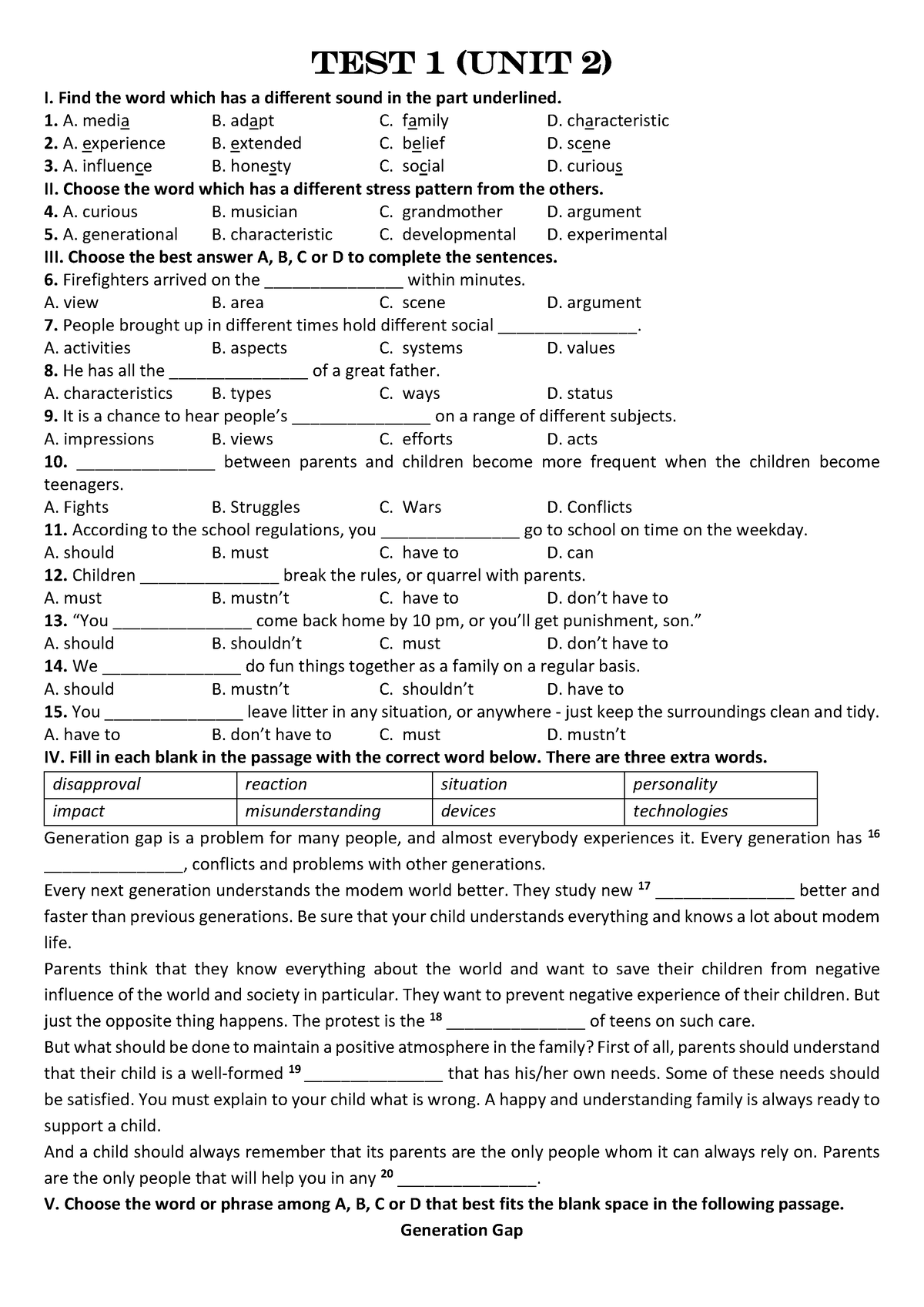 2.1. TEST 1 (UNIT 2) - ABC - TEST 1 (UNIT 2 ) I. Find The Word Which ...