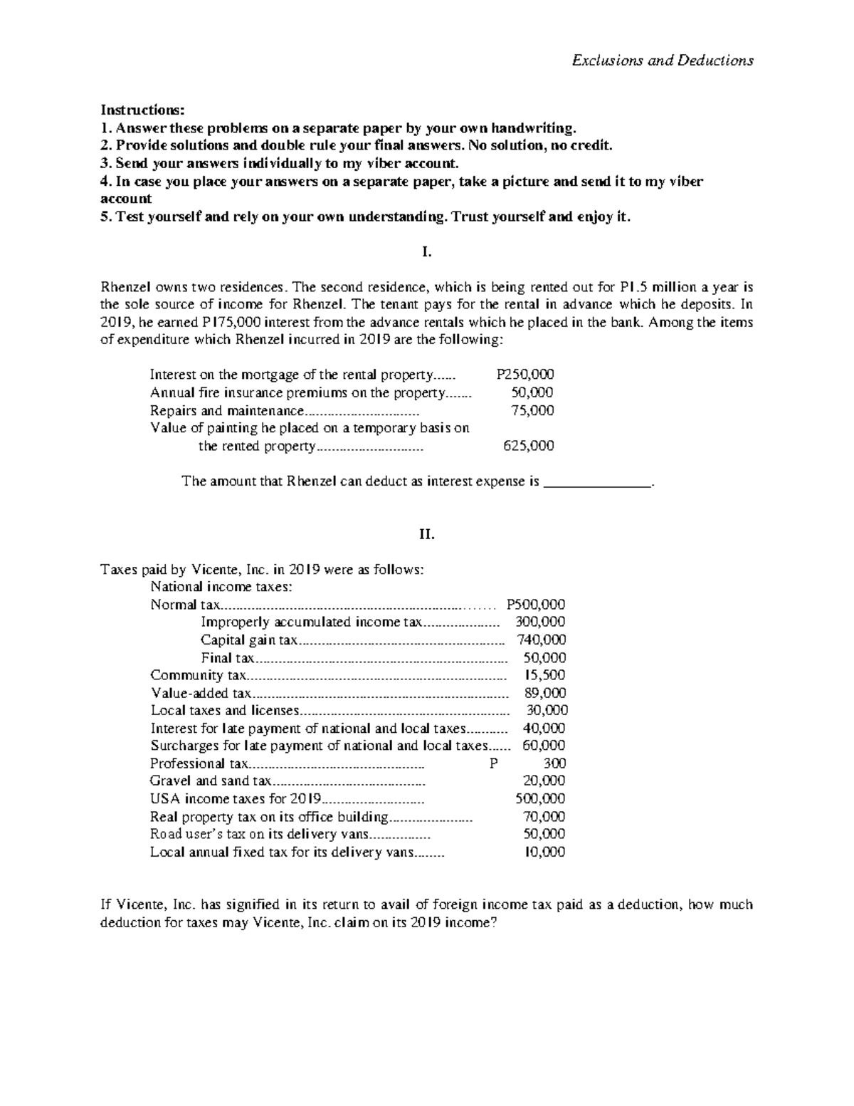 Exercises on Exclusions and Deductions - Instructions: Answer these ...