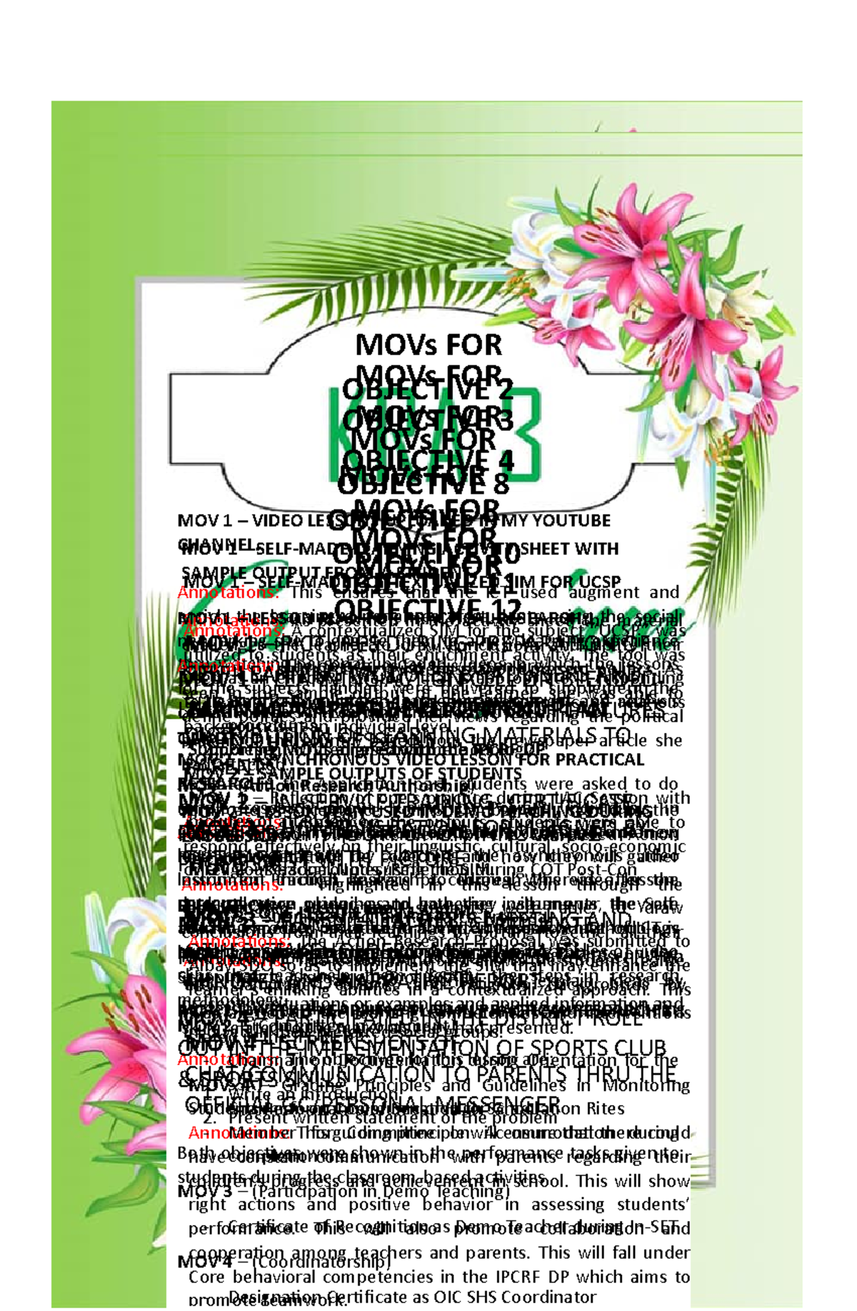 MOV Templates Sample of MOVs attached MOV 1 VIDEO LESSONS