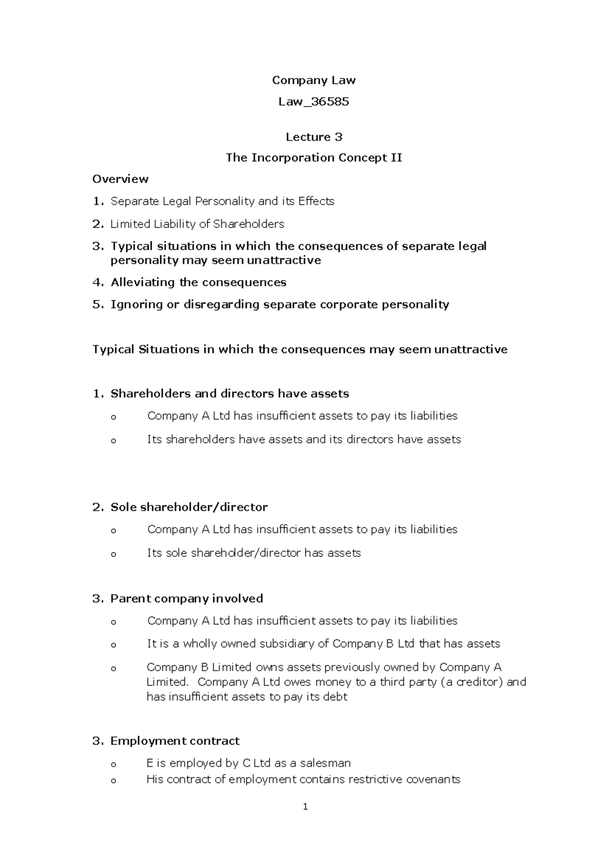 Lecture 3 The Incorporation Concept II outline - Company Law Law ...