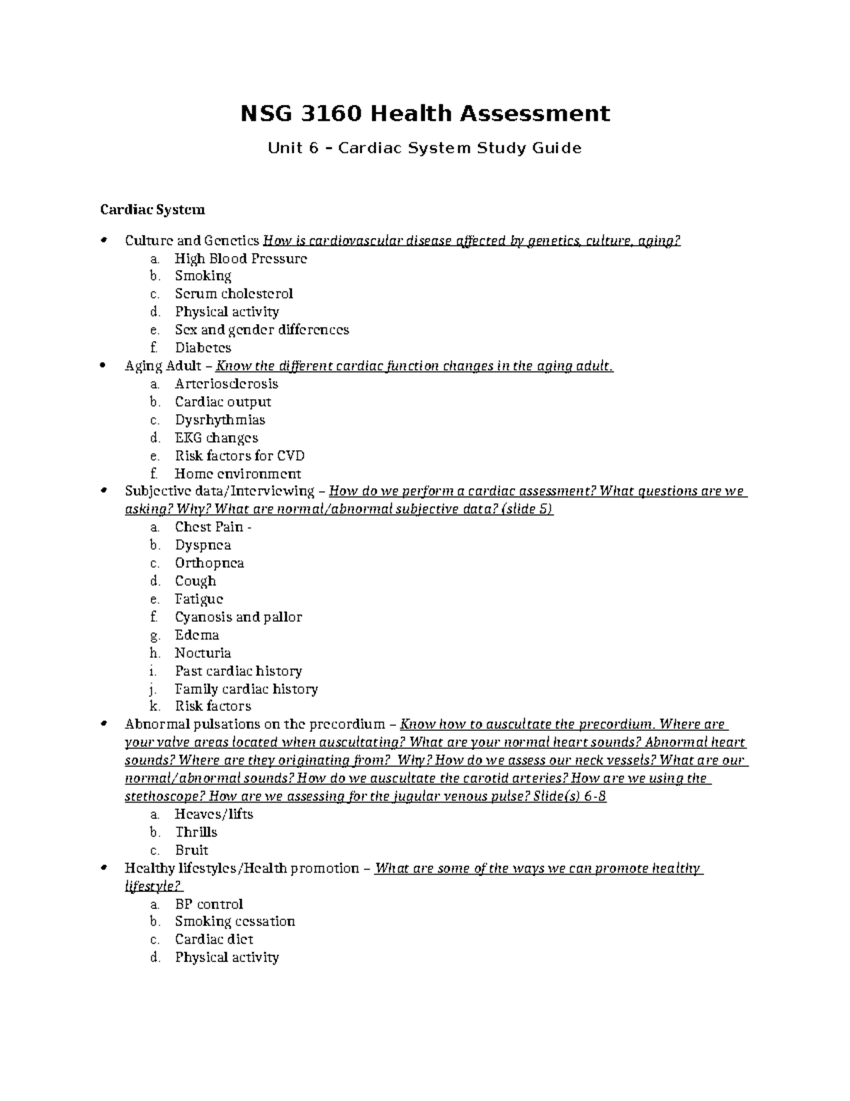 NSG3160 Unit 6 Cardiac Study Guide - NSG 3160 Health Assessment Unit 6 ...