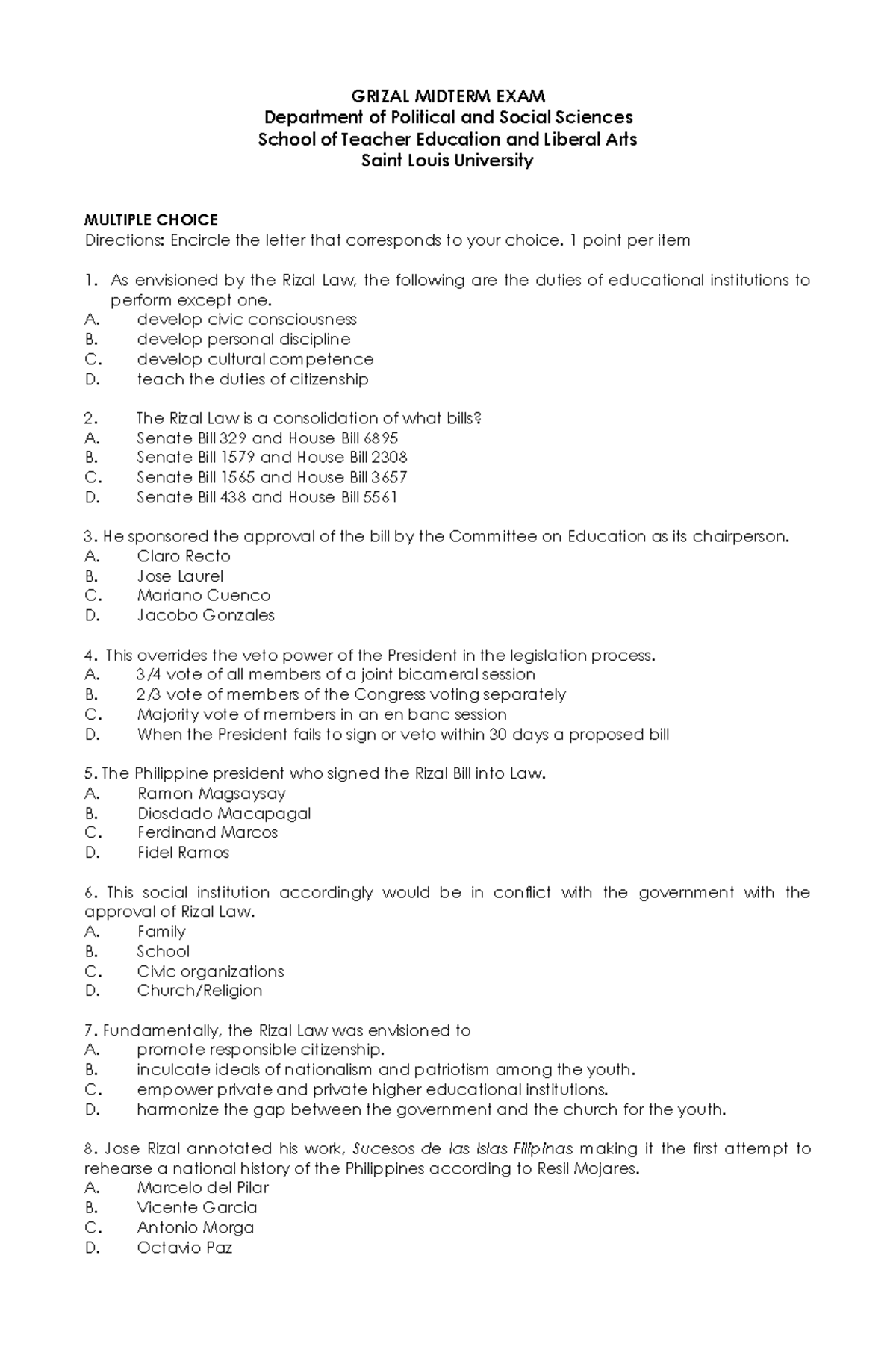 Grizal-Course-module 2022 - GRIZAL MIDTERM EXAM Department of Political ...