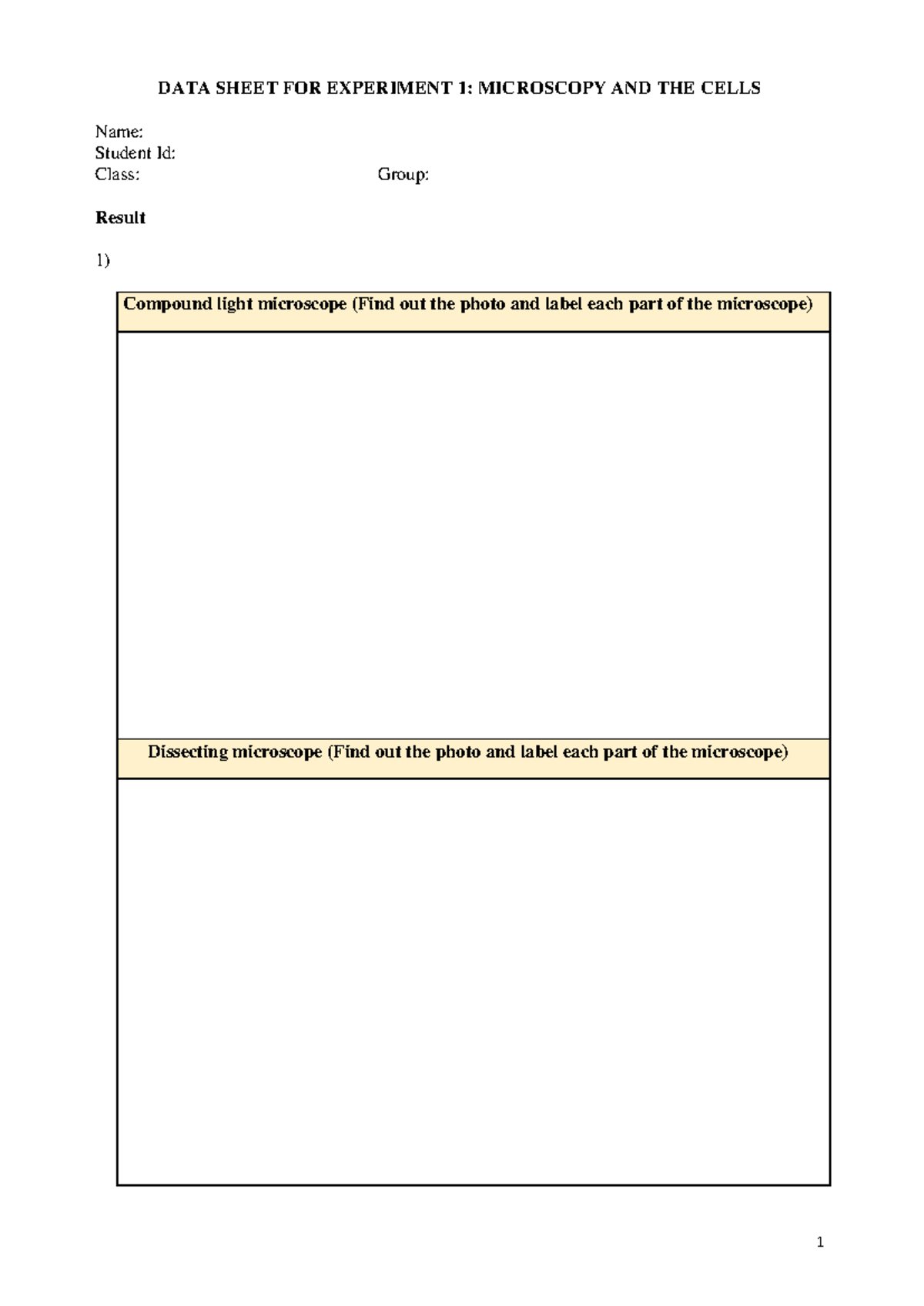 DATA Sheet FOR Experiment 1- Microscopy AND THE Cells (FOR Students)-1 ...