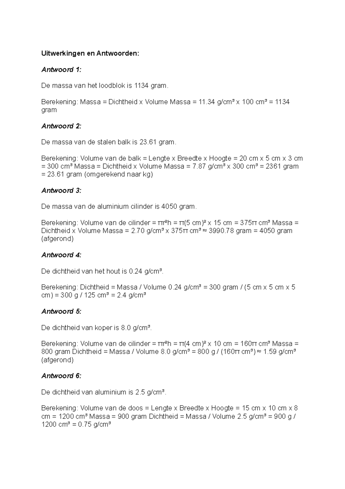 Oefenen Met De Dichtheid - Antwoorden - Uitwerkingen En Antwoorden ...