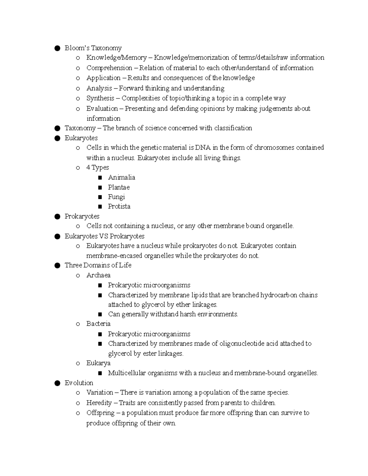 BIO Review 1 - Summary General Biology I - Bloom’s Taxonomy o Knowledge ...