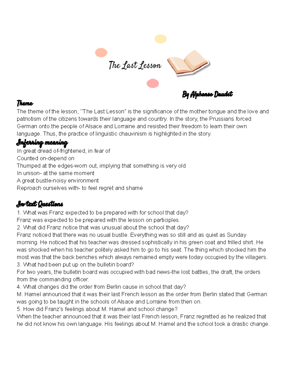 The Last Lesson( Ncert) By Alphonse Daudet Theme The theme of the lesson, ‘’The Last Lesson