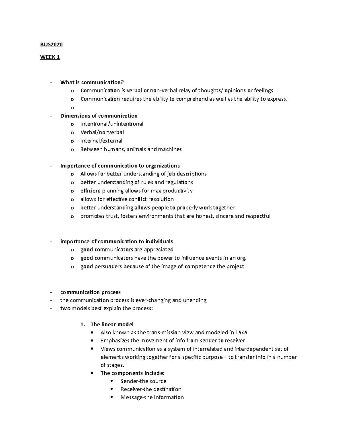 Importance of communication notes and theories - BUS WEEK 1 - What is ...