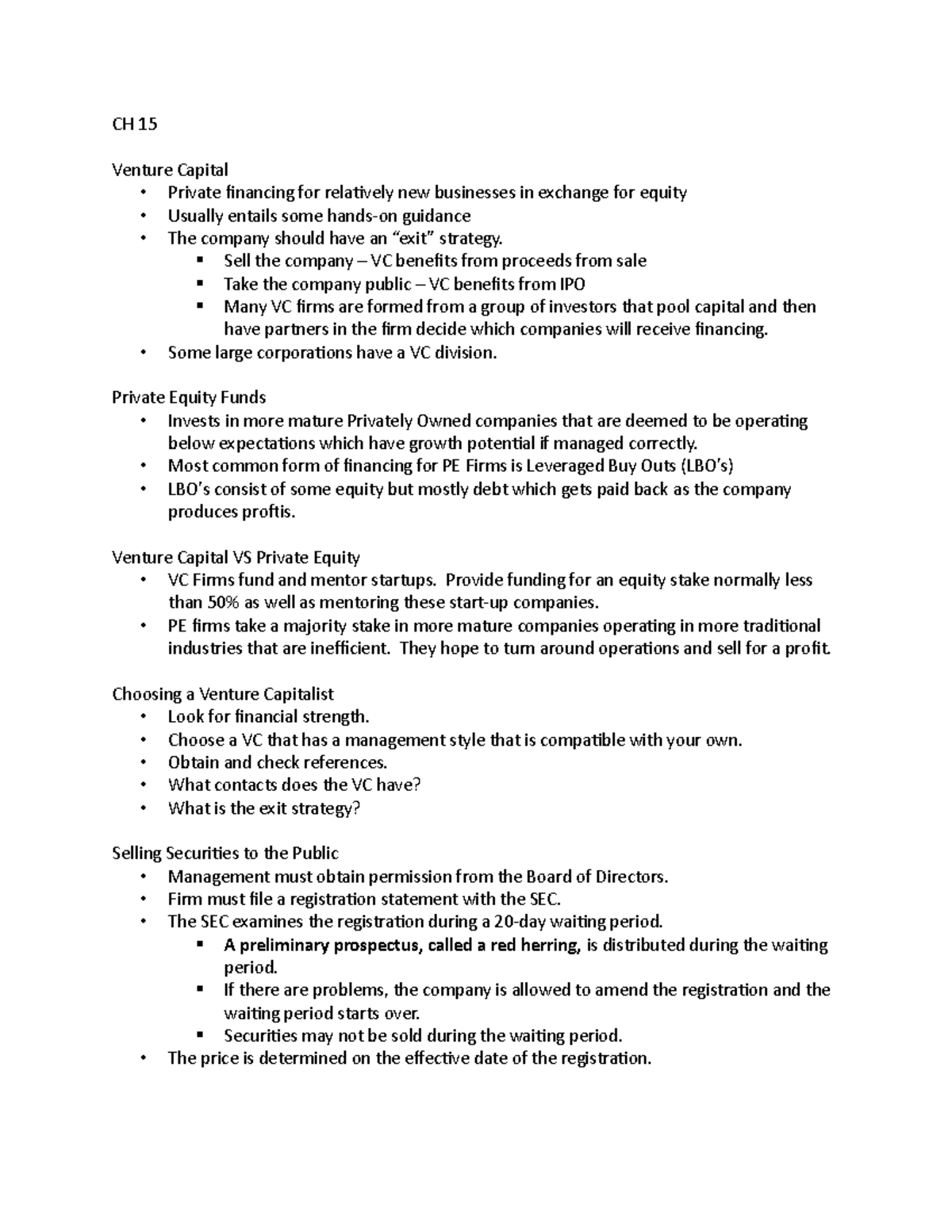 CH 15 - Lecture notes 15 - CH 15 Venture Capital - Private financing ...
