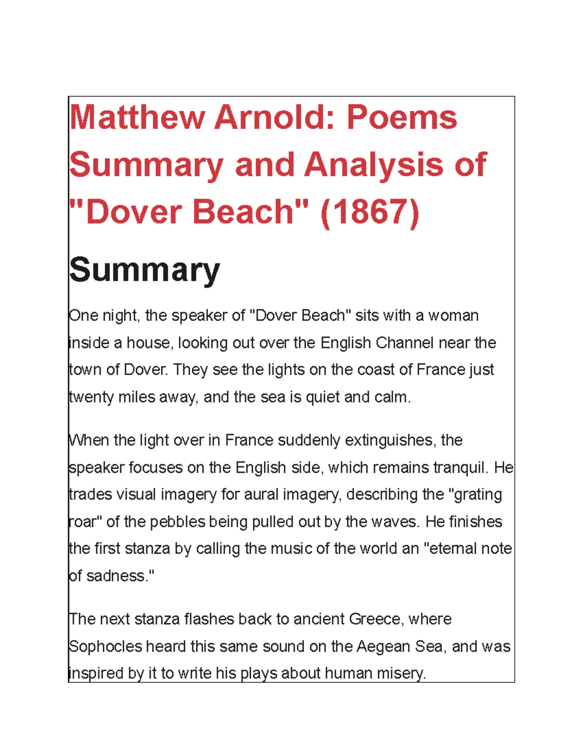 Analysis of Dover Beach and The Buried