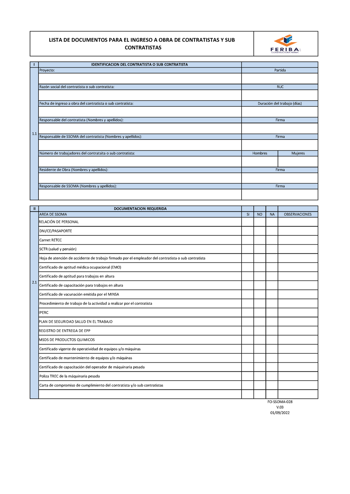 Fo Ssoma 028 Lista De Documentos Ingreso De Contratistas Y Sub Contratsitas V03 1 Lista 5486