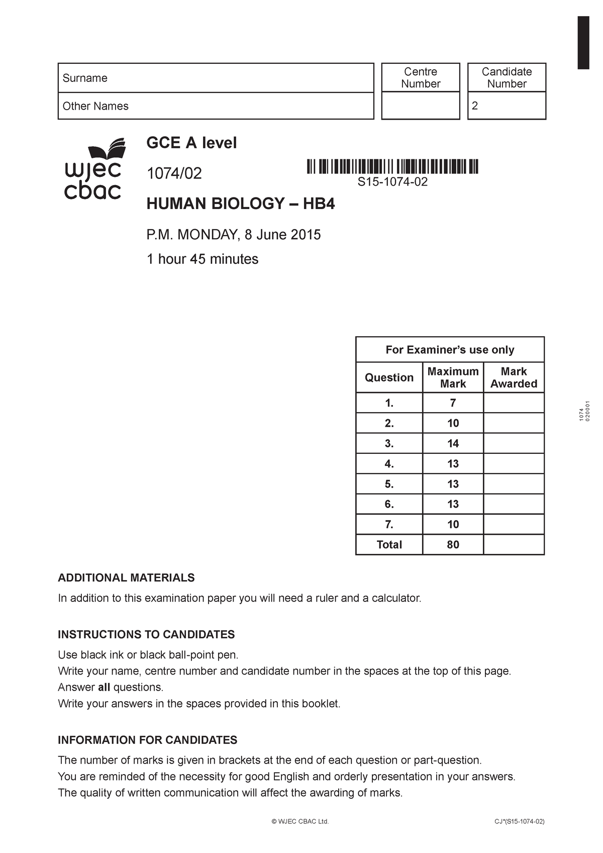 GCE A level 1074-02 Human Biology - HB4 - 1 0 740 2 0 0 0 1 ADDITIONAL ...