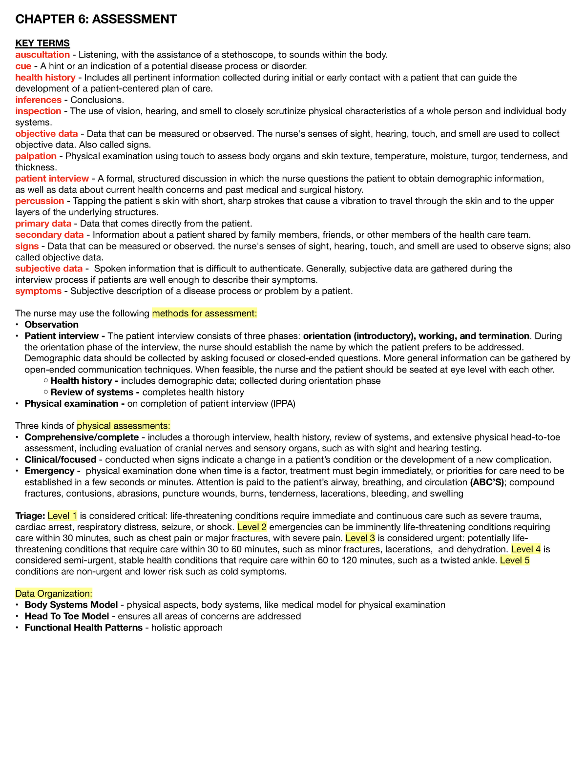 Chapter 6 Assessment - Notes from Fundamentals of Nursing Yoost ...