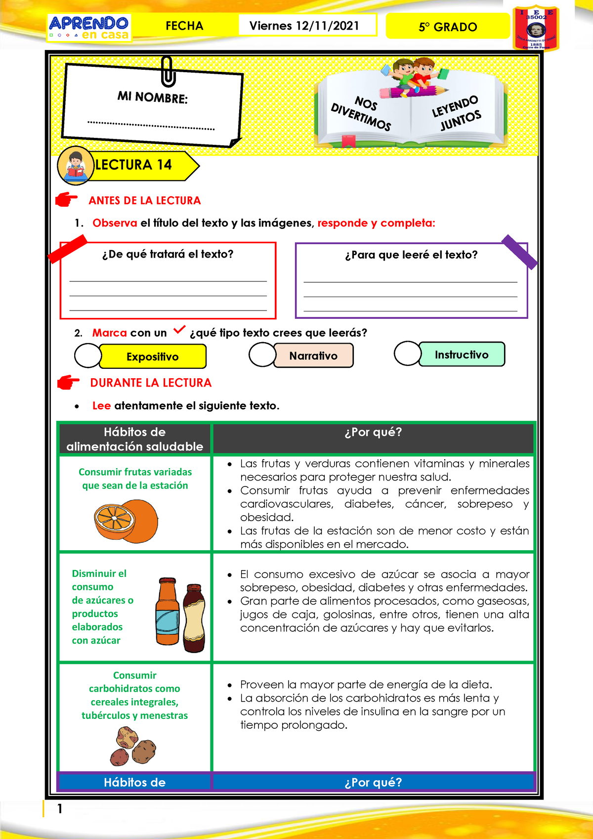 Actividad 5 Leemos Juntos Hábitos De La Alimentación Saludable ...