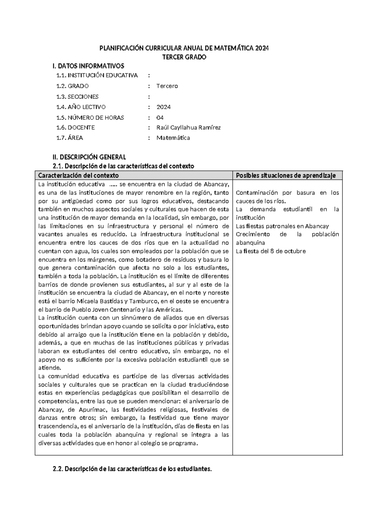 Planificación Curricular Anual DE Matemática 2024 - PLANIFICACIÓN ...