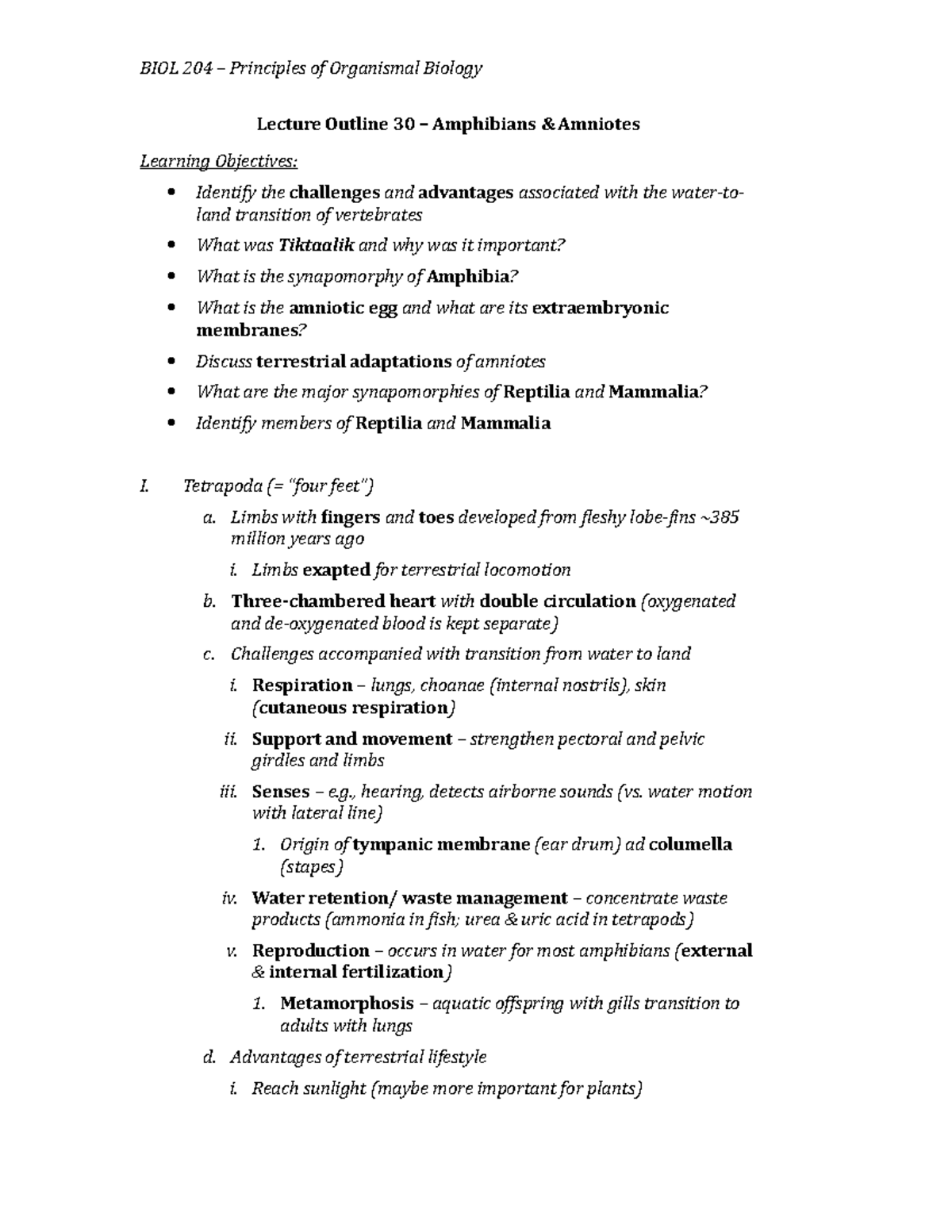 BIOL 204 Lecture 30 Outline - Amphibians & Amniotes - BIOL 204 ...