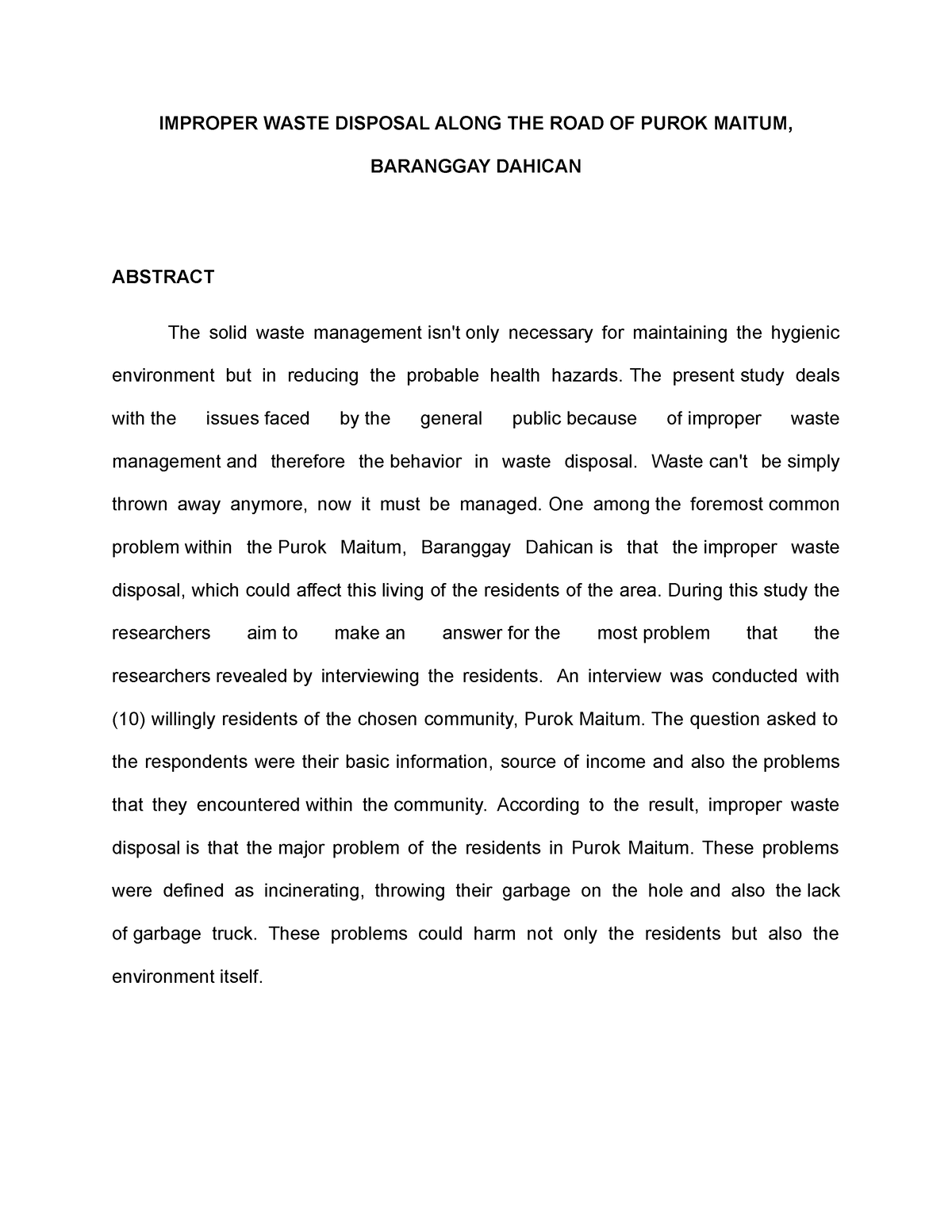 research paper about improper waste disposal in barangay
