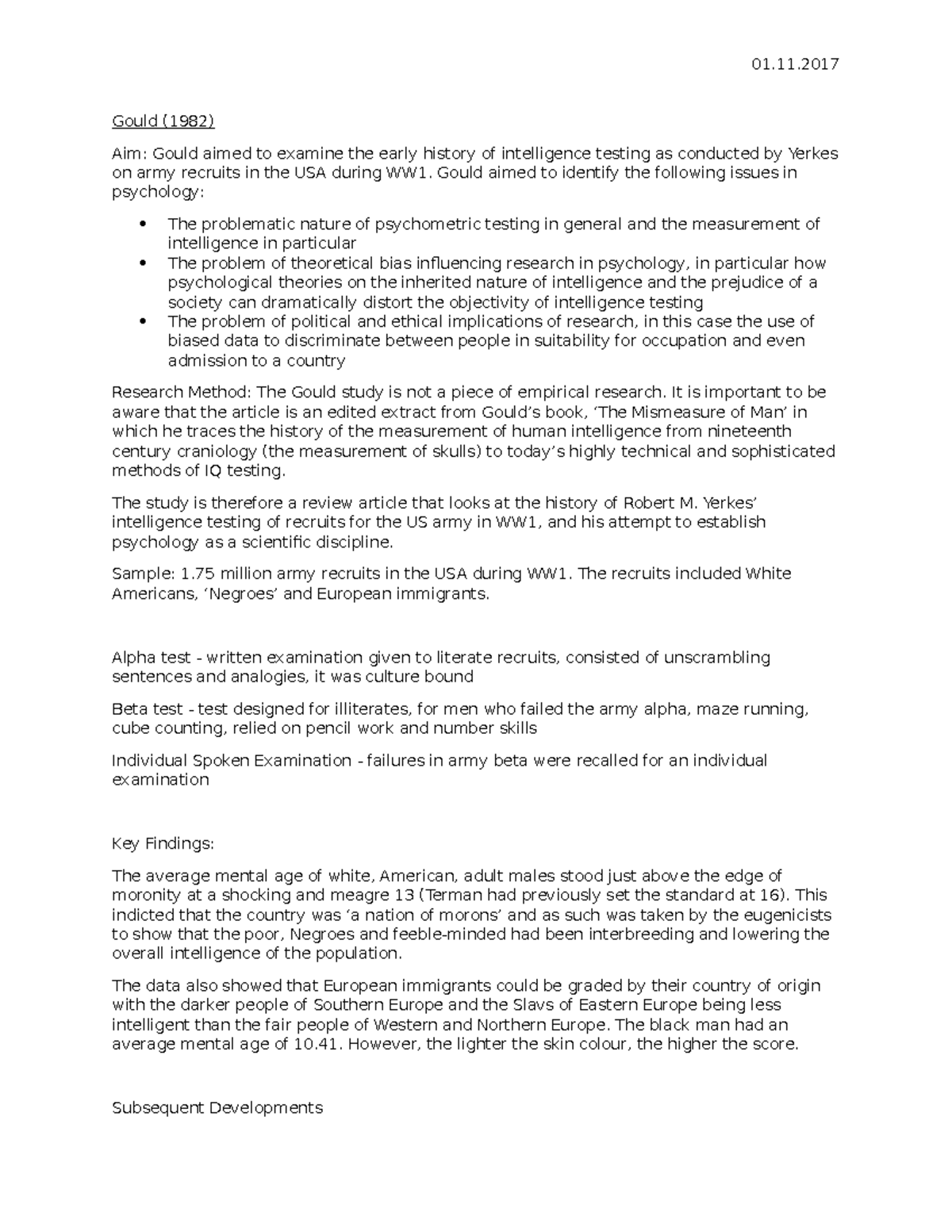 P 1 - 01. Gould (1982) Aim: Gould aimed to examine the early history of ...