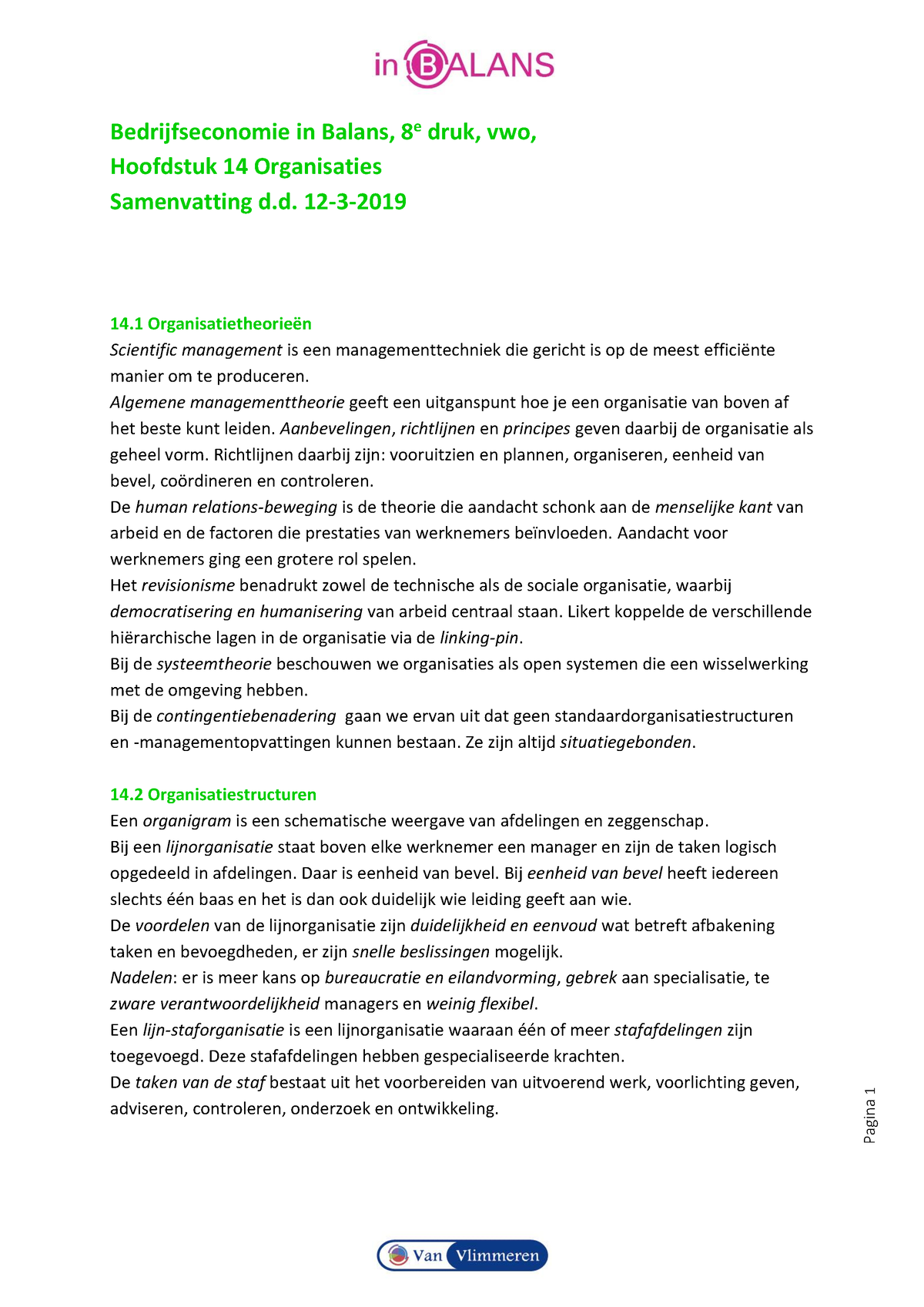 B-E In Balans, 8e Druk, Vwo, Hoofdstuk 14 Organisaties - Samenvatting ...