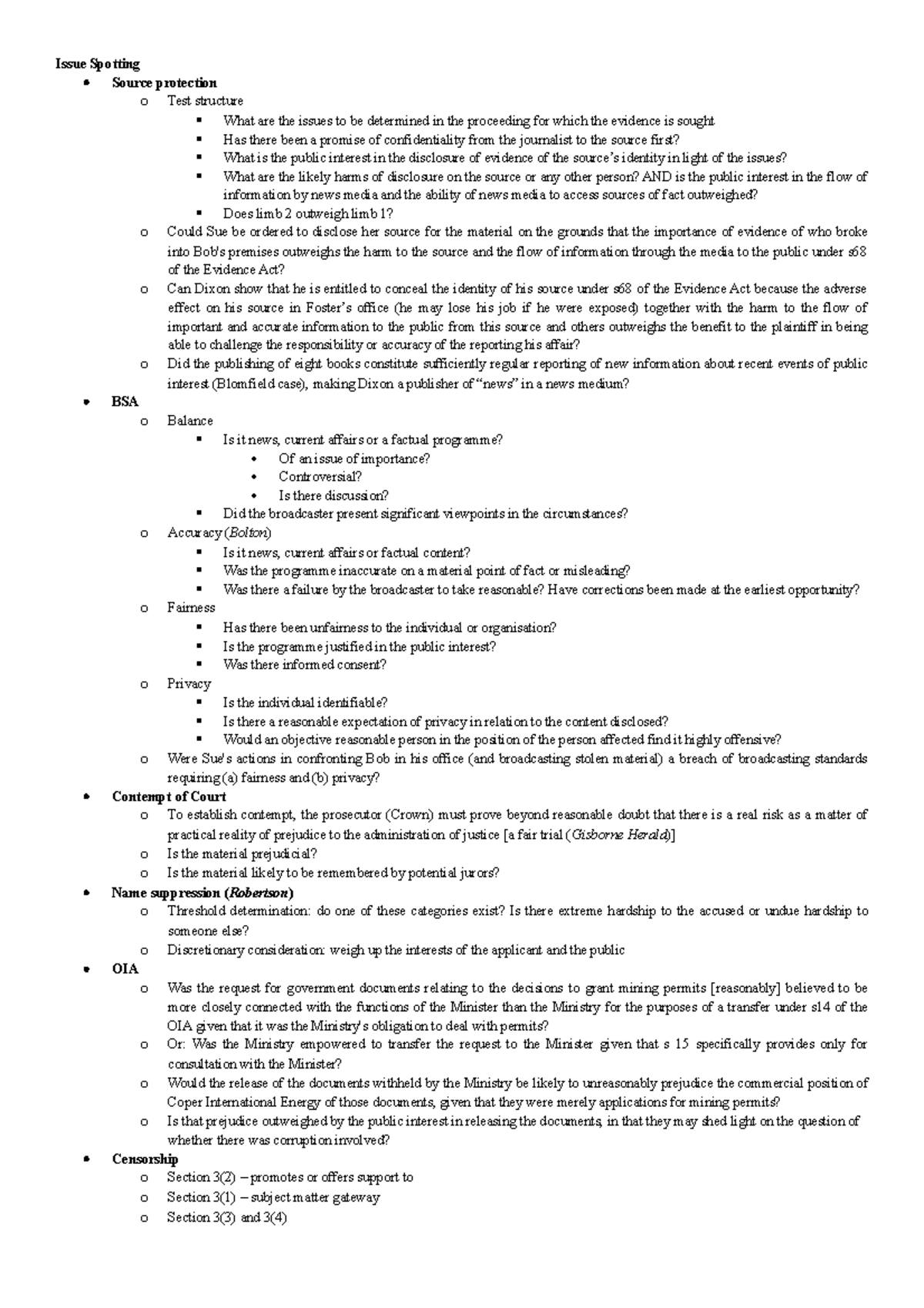 Media Law Final Exam Cheat Sheet - Issue Spotting Source protection o ...