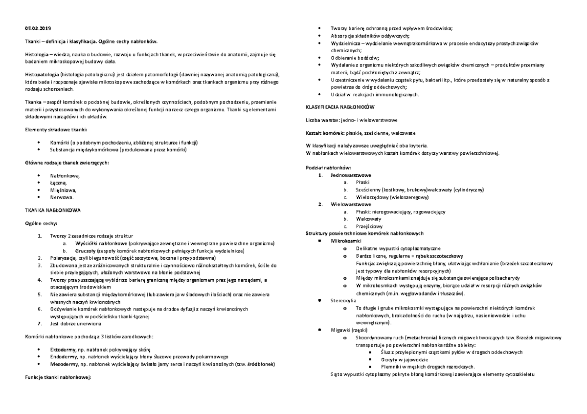 Histologia - Wyk - Notatki Z Wykładu 1,2 - 05.03 Tkanki Definicja I ...