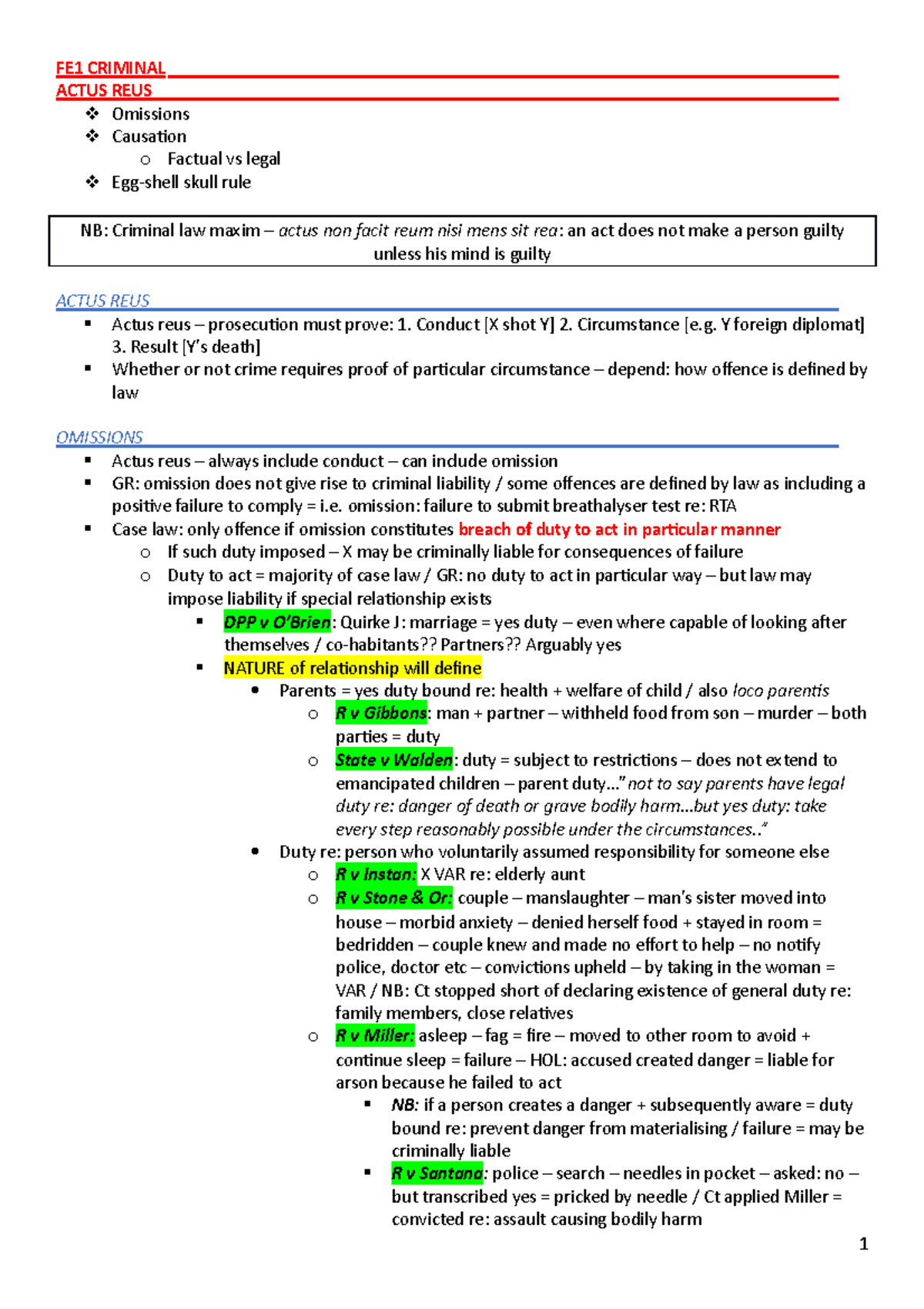 Actus reus - notes - FE1 CRIMINAL ACTUS REUS Omissions Causation o ...