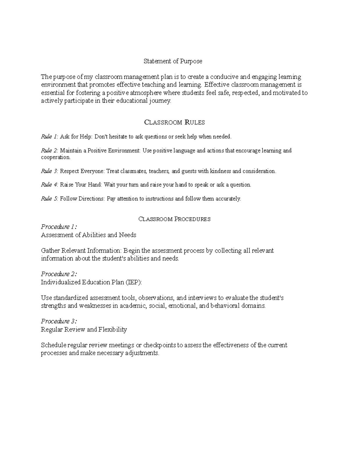 Behavior Plan Tool - Statement of Purpose The purpose of my classroom ...