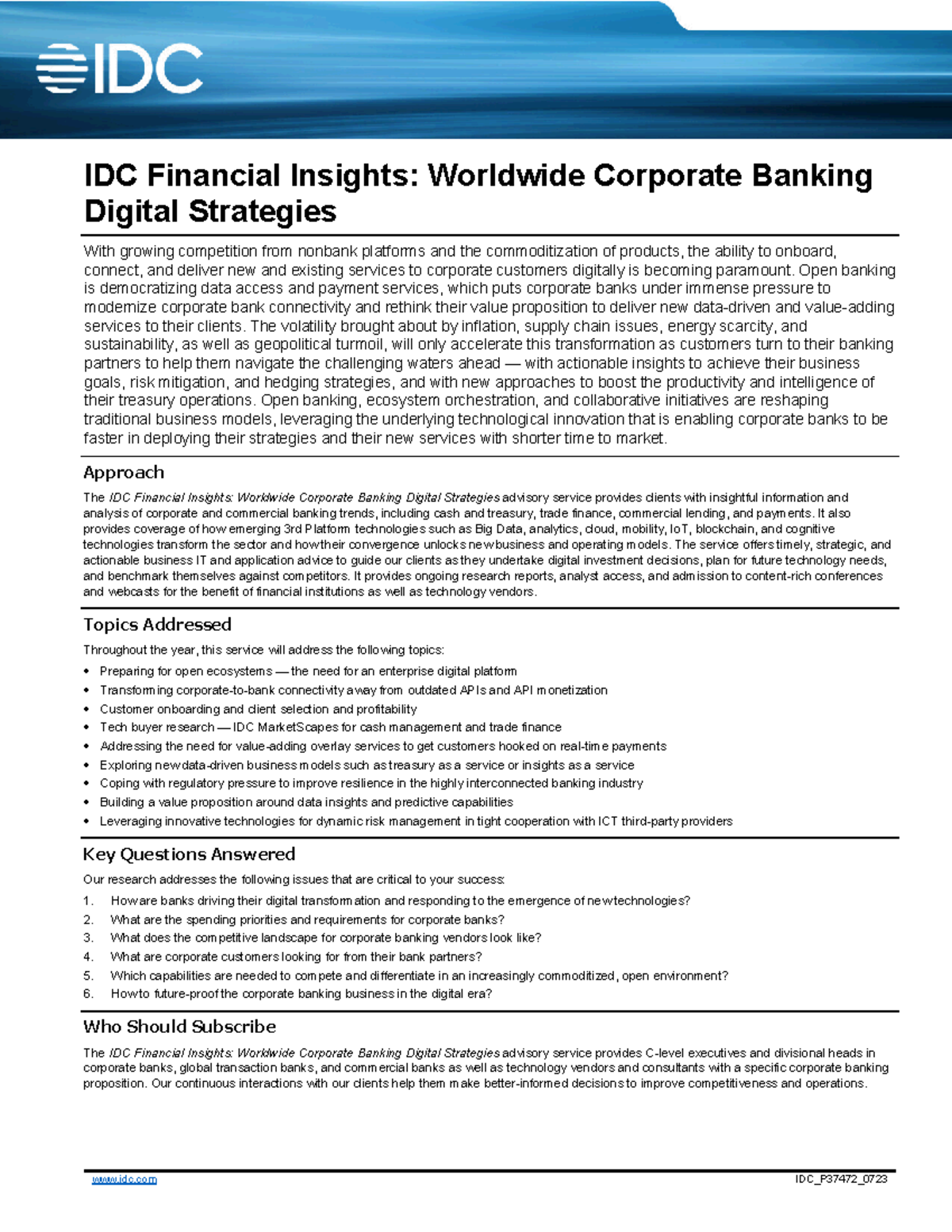 IDC Financial Insights Worldwide Corporate Banking Digital Strategies 2023 Jul idc IDC